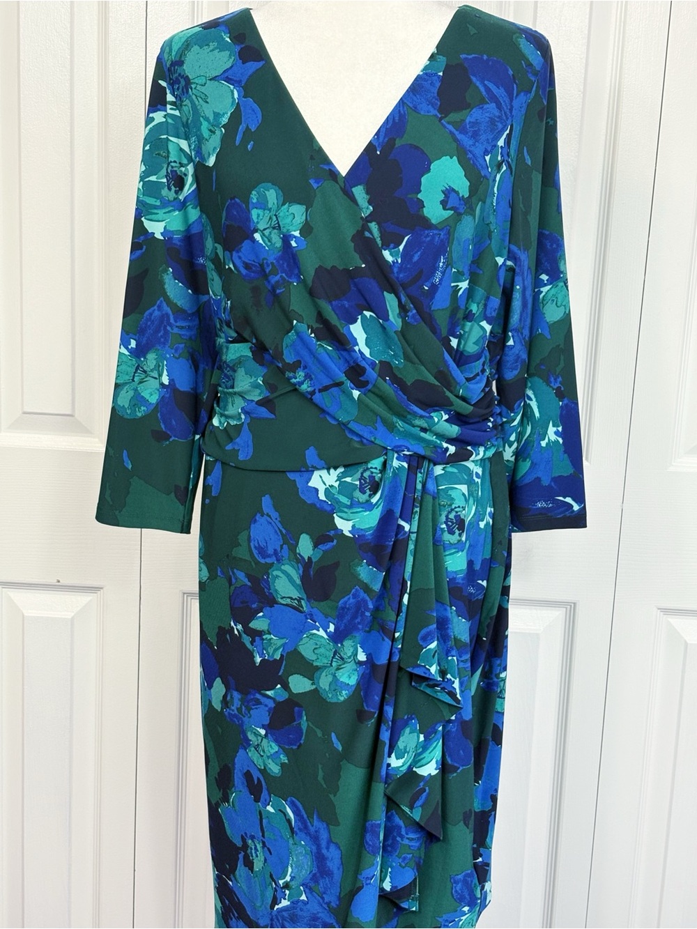 Chaps Blue & Green Floral Faux Wrap Jersey Knit 3/4 Sleeve Sheath Dress XL